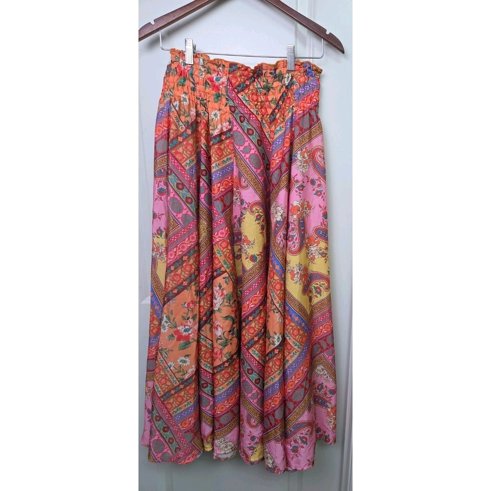 Calypso St. Barth Satin Patchwork Floral Paisley Maxi Skirt Elastic Waist Size S